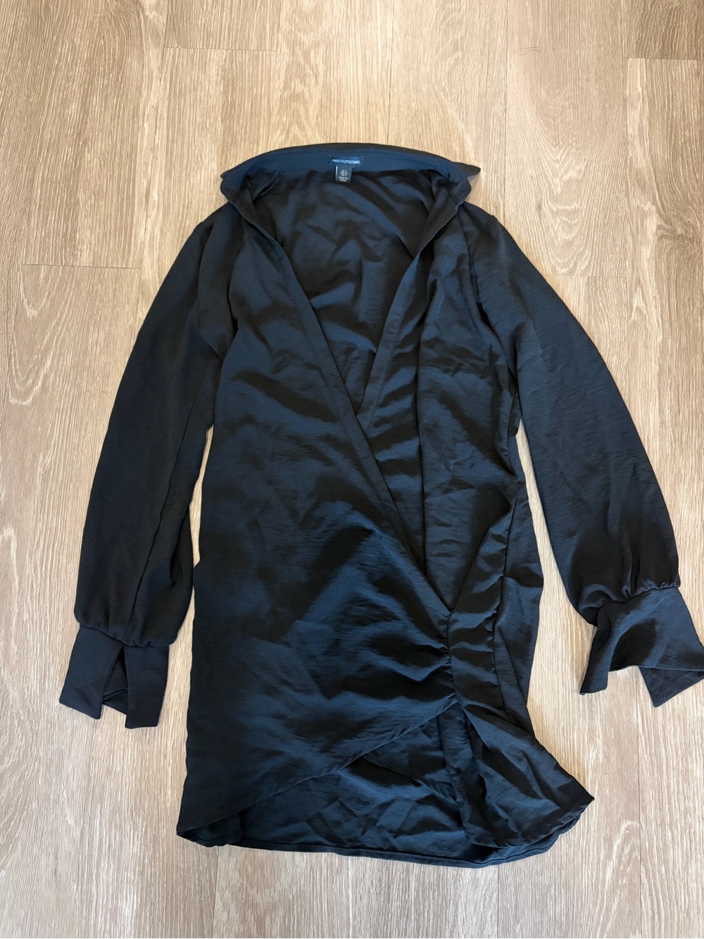 Prettylittlething black satin wrap mini dress | ruched long sleeve l size 4
